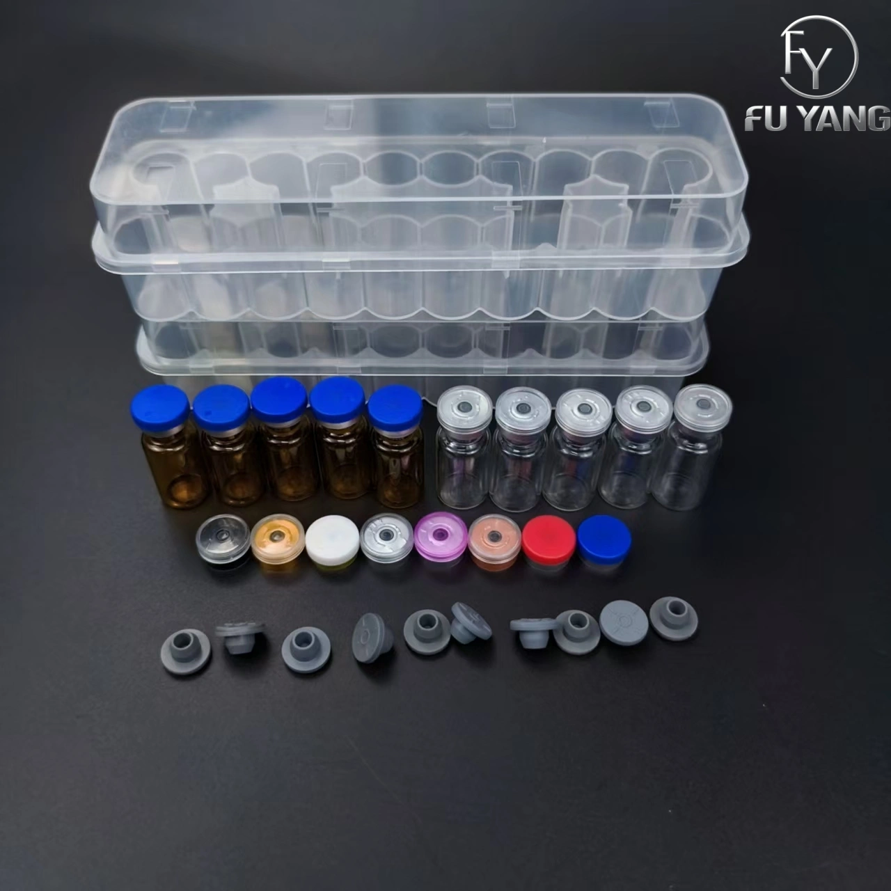 custom 3ml 24-vial complete packaging kit with transparent PP case glass vial butyl stopper and multi-color aluminum cap