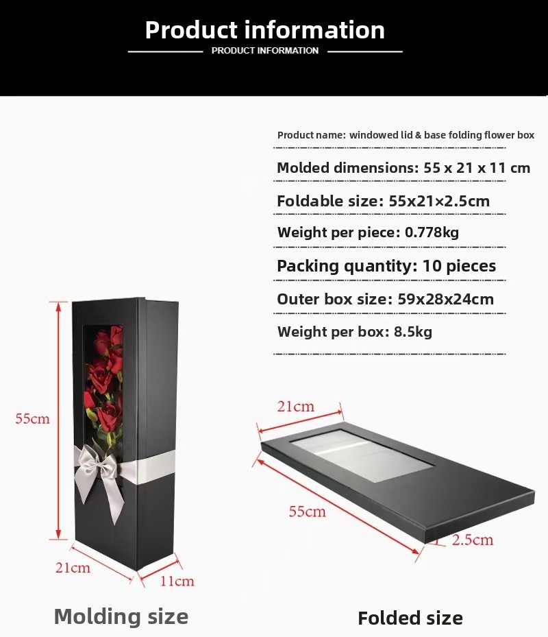 Windowed Lid & Base Folding Flower Box - Product Information (Dimensions, Weight, Packing) with Molded/Folded Size Diagrams