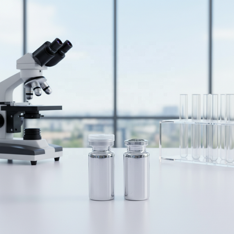 Electroplated vials in silver and gold, made of borosilicate glass, with airtight butyl rubber stoppers and aluminum caps, suitable for laboratory samples and cosmetics.