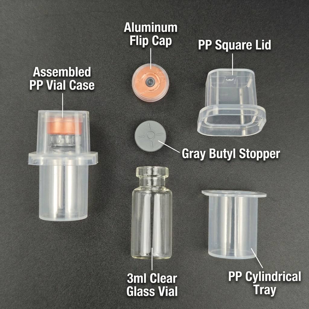 3ml single-vial complete packaging kit with transparent PP case glass vial butyl stopper and aluminum cap