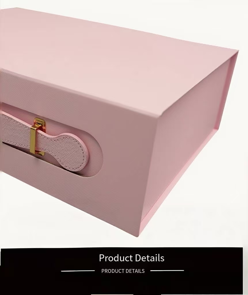 Pink PU leather handheld gift box with gold metal handle