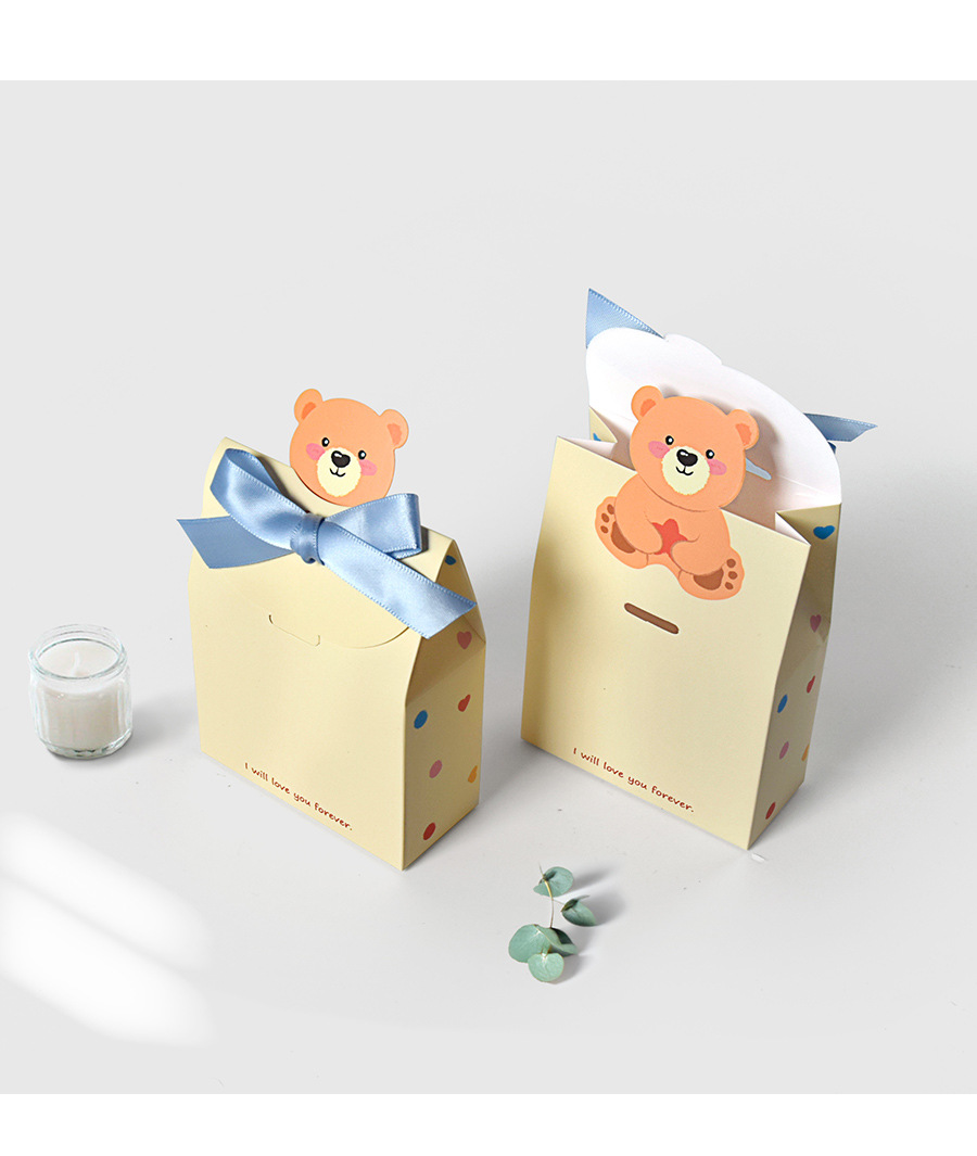 Korean Style Foldable Bear Favor Boxes with Satin Ribbon, Flat Pack Design for Wedding Baby Shower Birthday Party