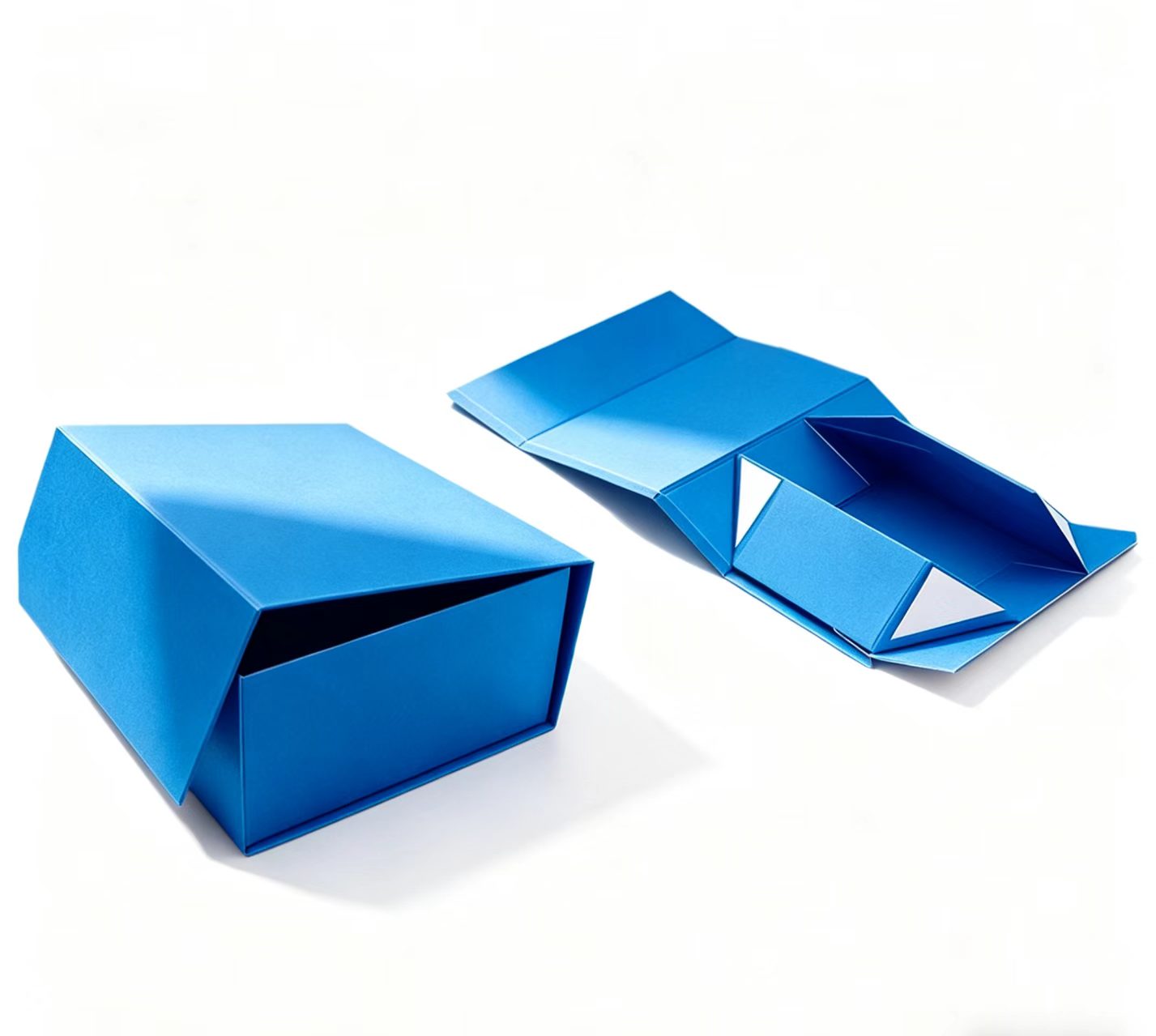 Blue origami-style paper box and lid, folded from glossy paper, displayed open and closed on a neutral background.