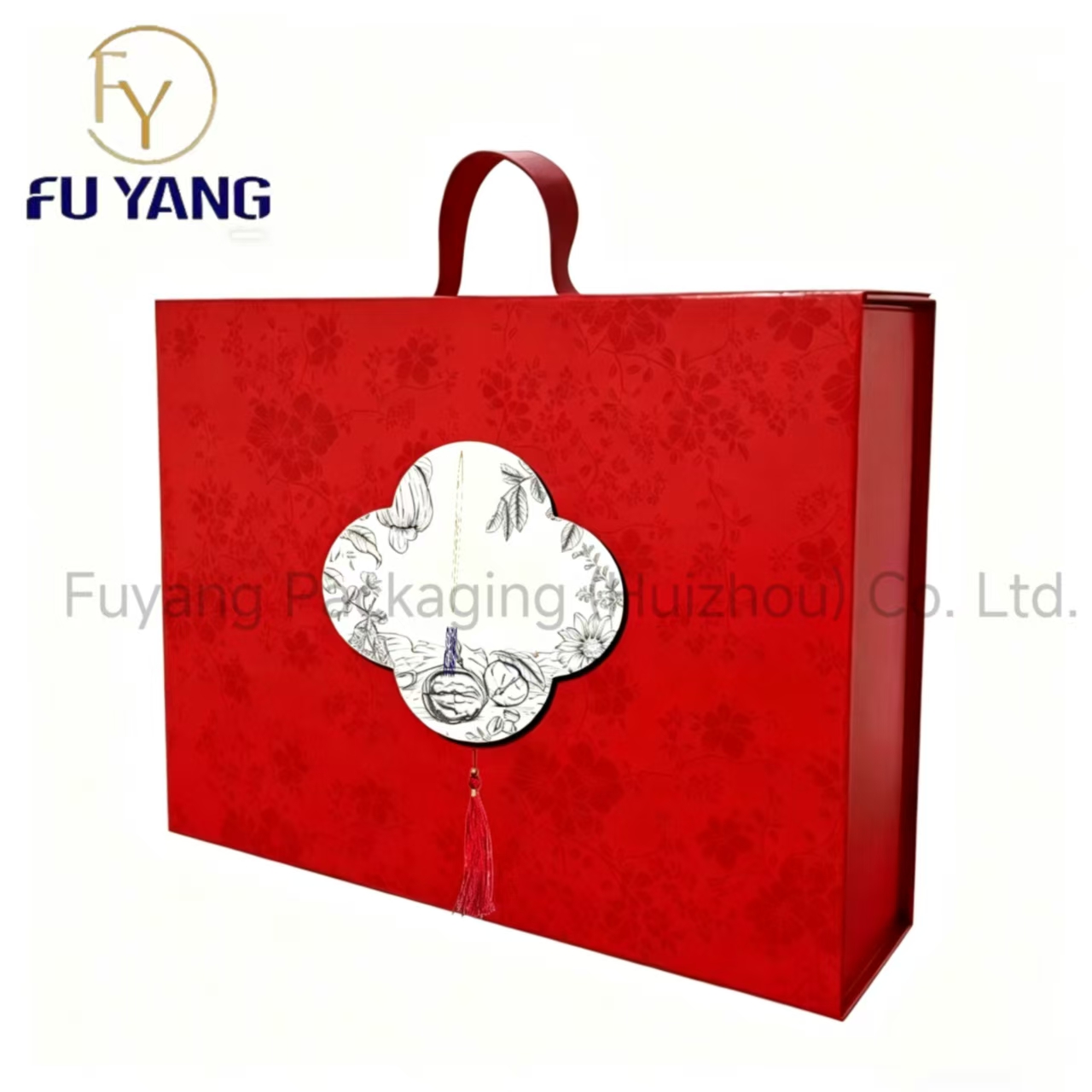 Red paper gift bag with handle and decorative patterns, featuring 