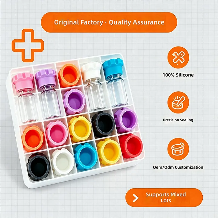 Lace-shaped silicone cap, available in various colors, customizable with logo, used for leak-proofing and dust-proofing peptide glass vial bottles
