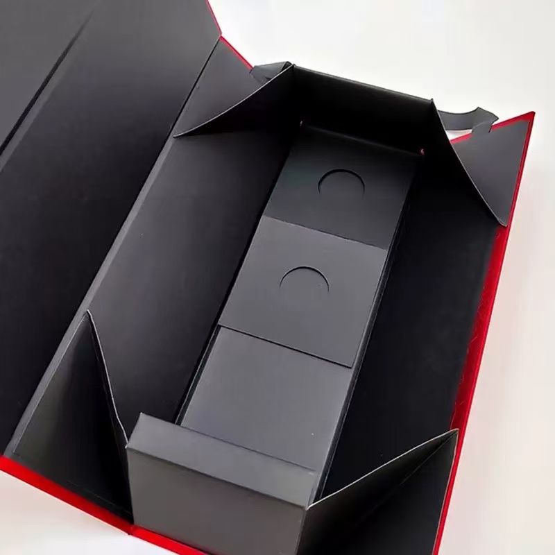 Foldable Wine Paper Box with Black Interior and Red Edges, 3D Window View, Customizable Size for Home Storage or Gifting