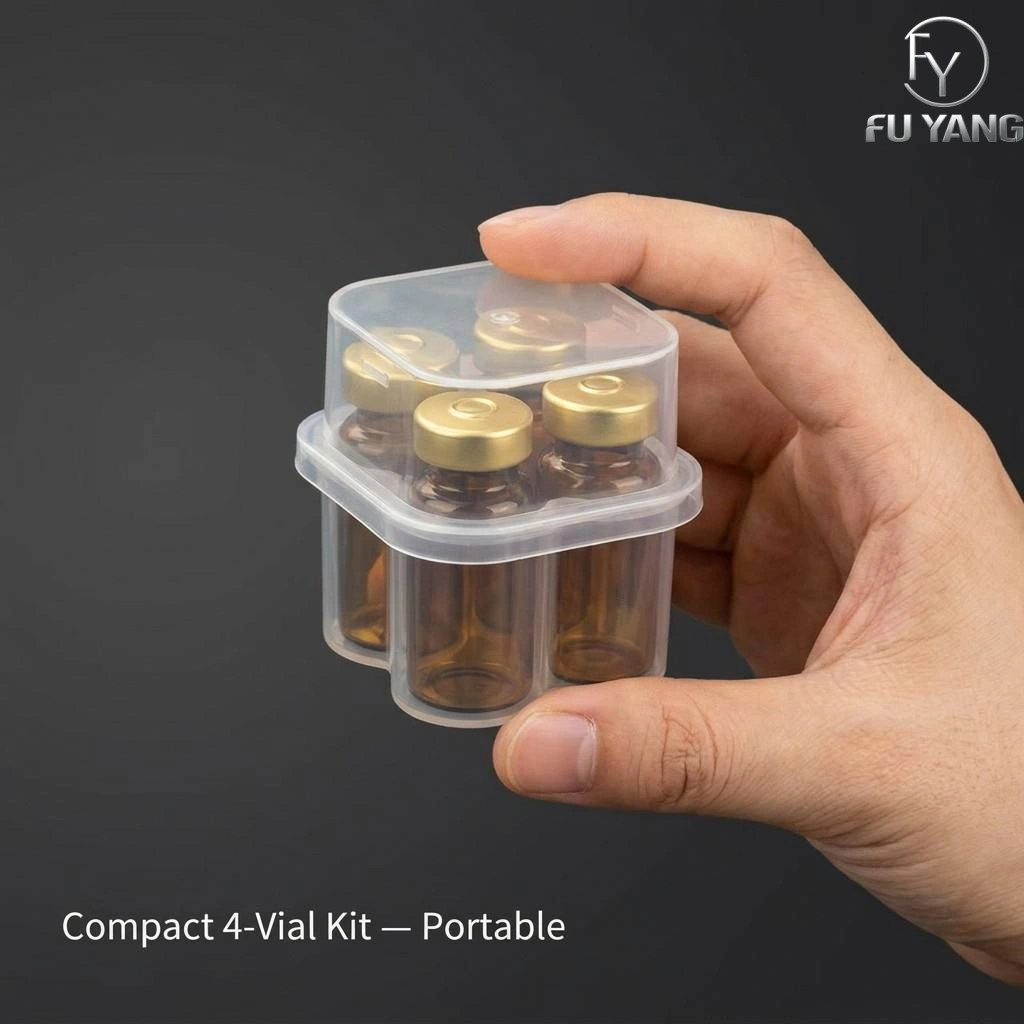 custom 3ml 4-vial complete packaging kit with transparent PP case glass vial butyl stopper and multi-color aluminum cap