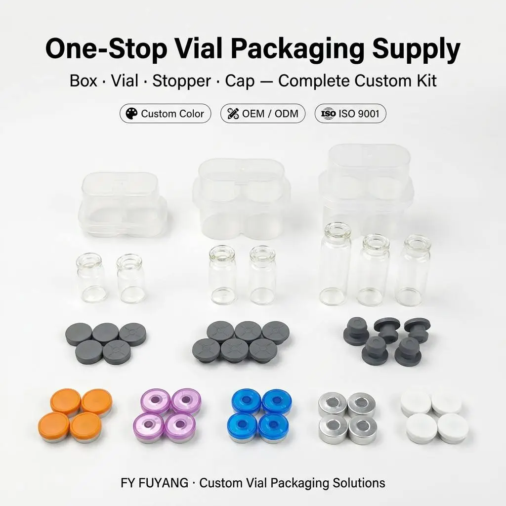 3ml 2-piece set of peptide packaging products, including vials with butyl stoppers, PP plastic vial boxes, and aluminum caps