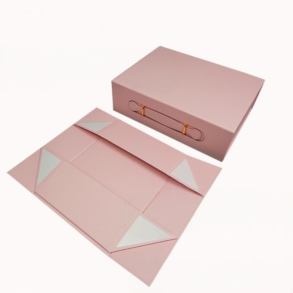 Pink PU leather gift box packaging template with folding design and metal handle slots