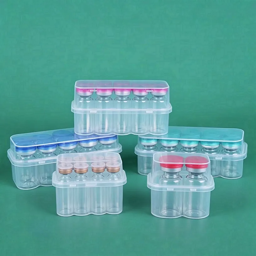 Product specifications: Multi-size PP transparent peptide packaging boxes with compartments, branded by Fuyang, available in custom sizes, ensuring clear and easy-to-read product information.