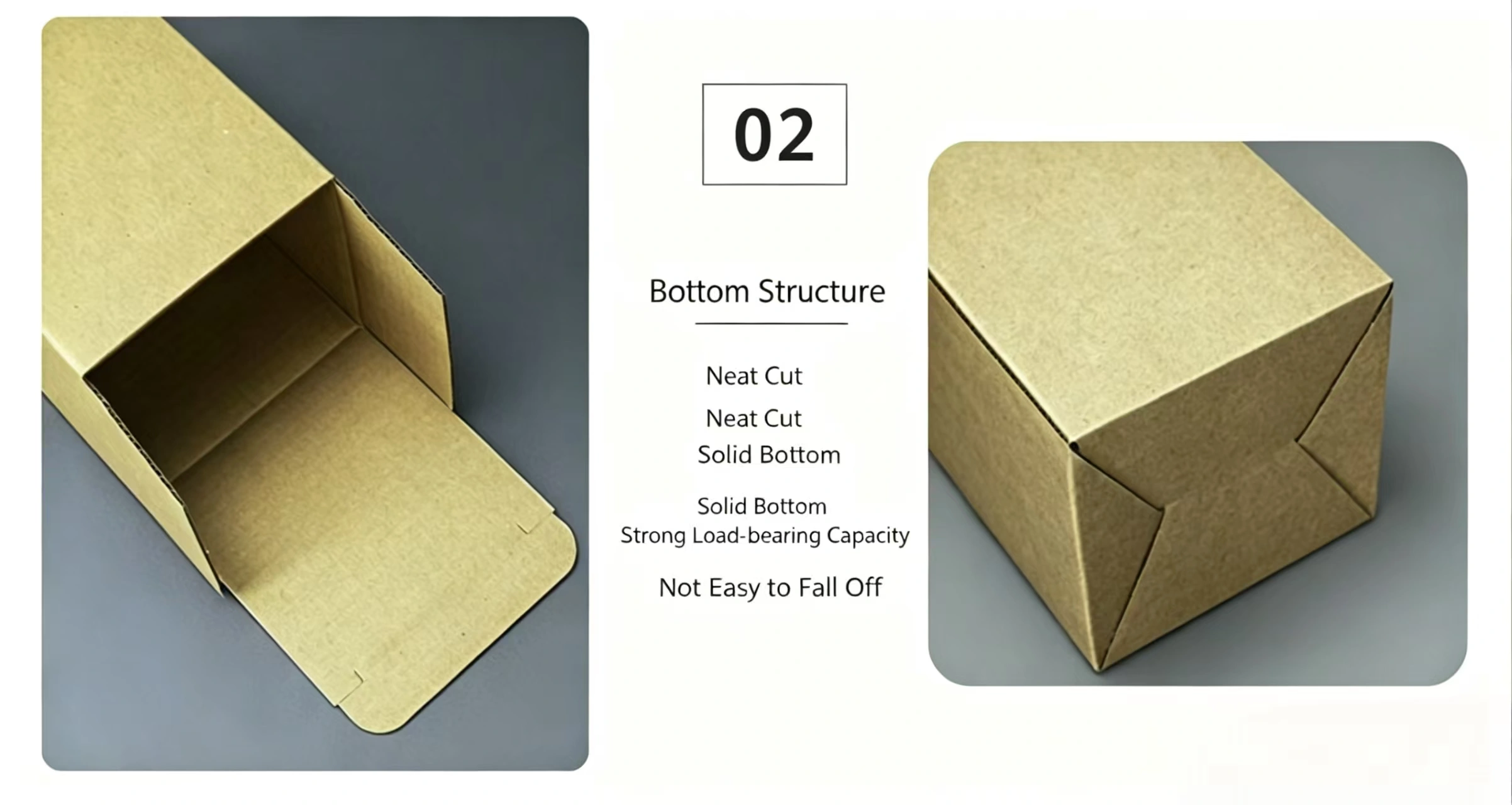 Bottom Structure of Kraft Paper Box (Model 02) – Features: Four Corners, Notch Cut, Solid Bottom, Sturdy Lock Bottom, Strong Load-Bearing Capacity, Not Easy to Fall Off