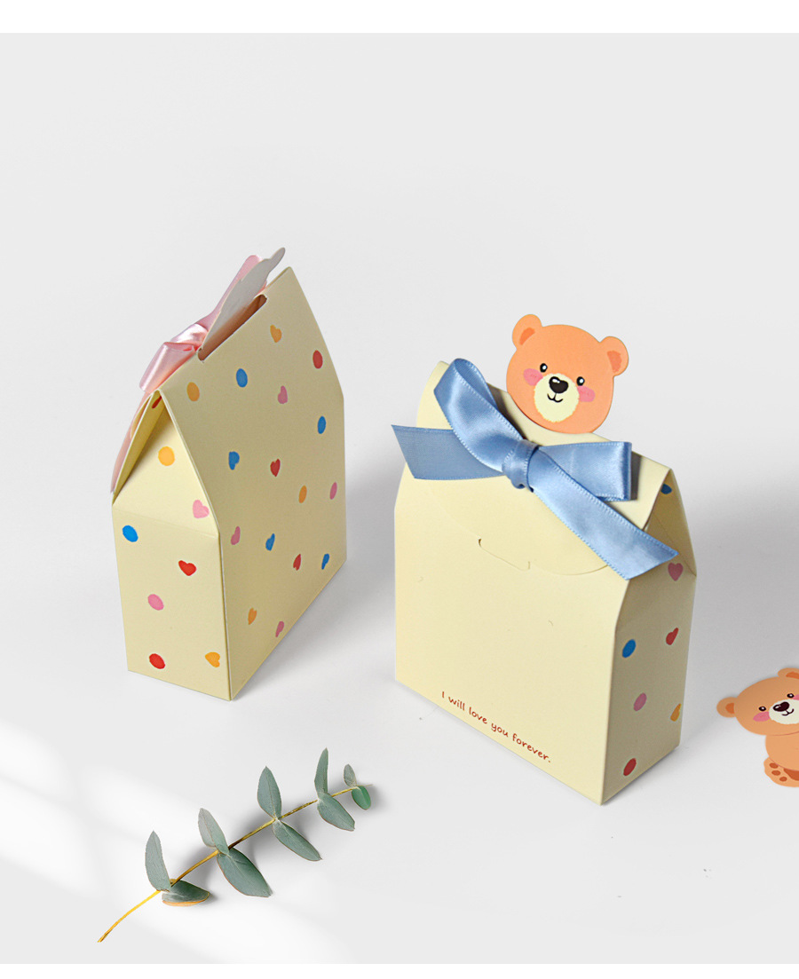 Foldable Korean Style Cute Bear Favor Boxes with Satin Ribbon, Ideal for Wedding Baby Shower Birthday Party Supplies