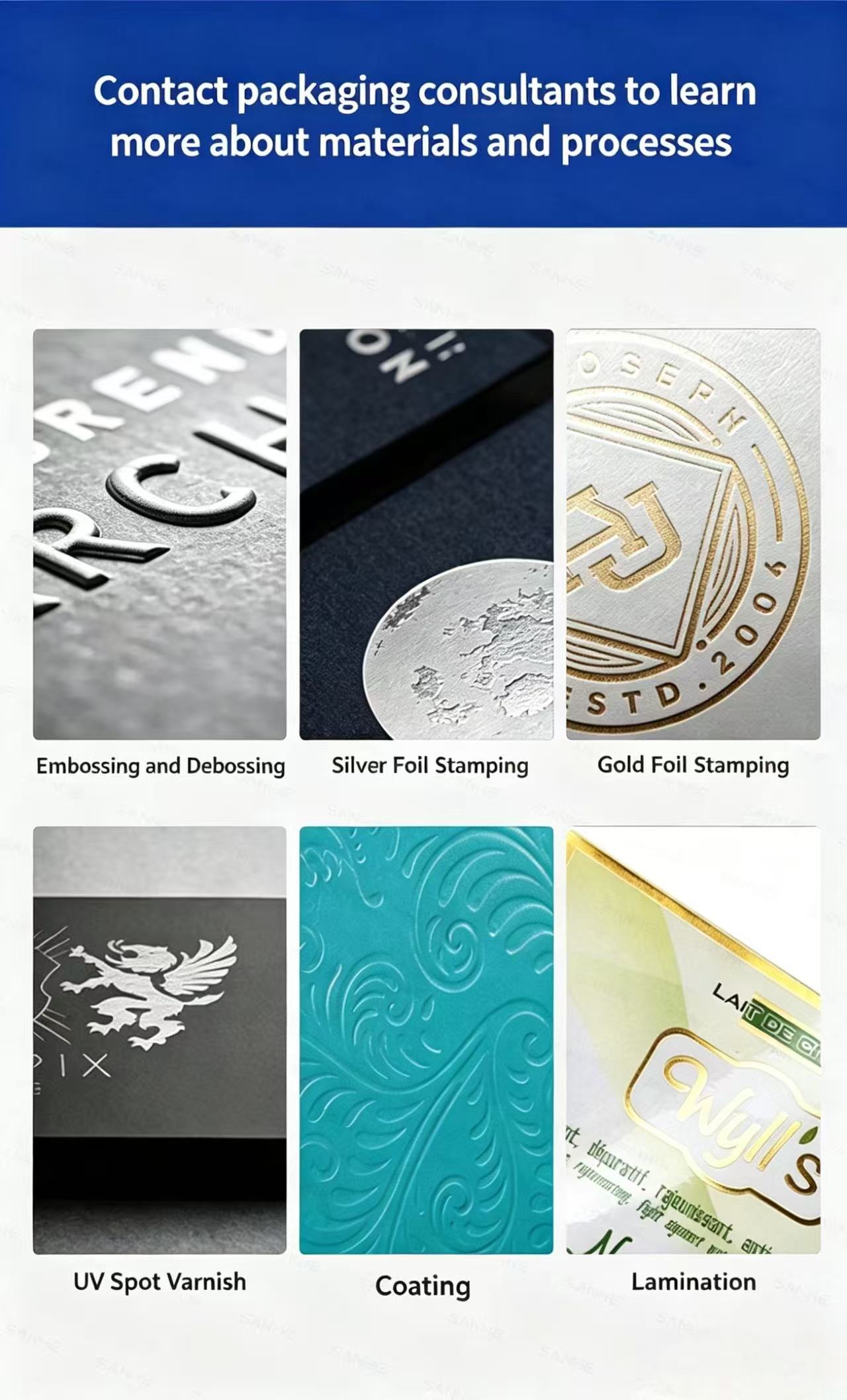 Packaging Consultation for Materials & Processes – Embossing and Debossing, Silver Foil Stamping, Gold Foil Stamping, UV Spot Varnish, Coating, Lamination Techniques for Folded Paper Boxes, Box Paper, and Rigid Paper Boxes; Enhance Custom Packaging Quality