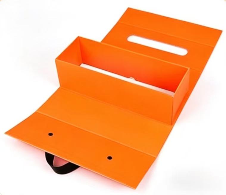 Custom Foldable Orange Paper Storage Box with Handle, Home Use Premium Paper Box, Paper Folding Box Template Example