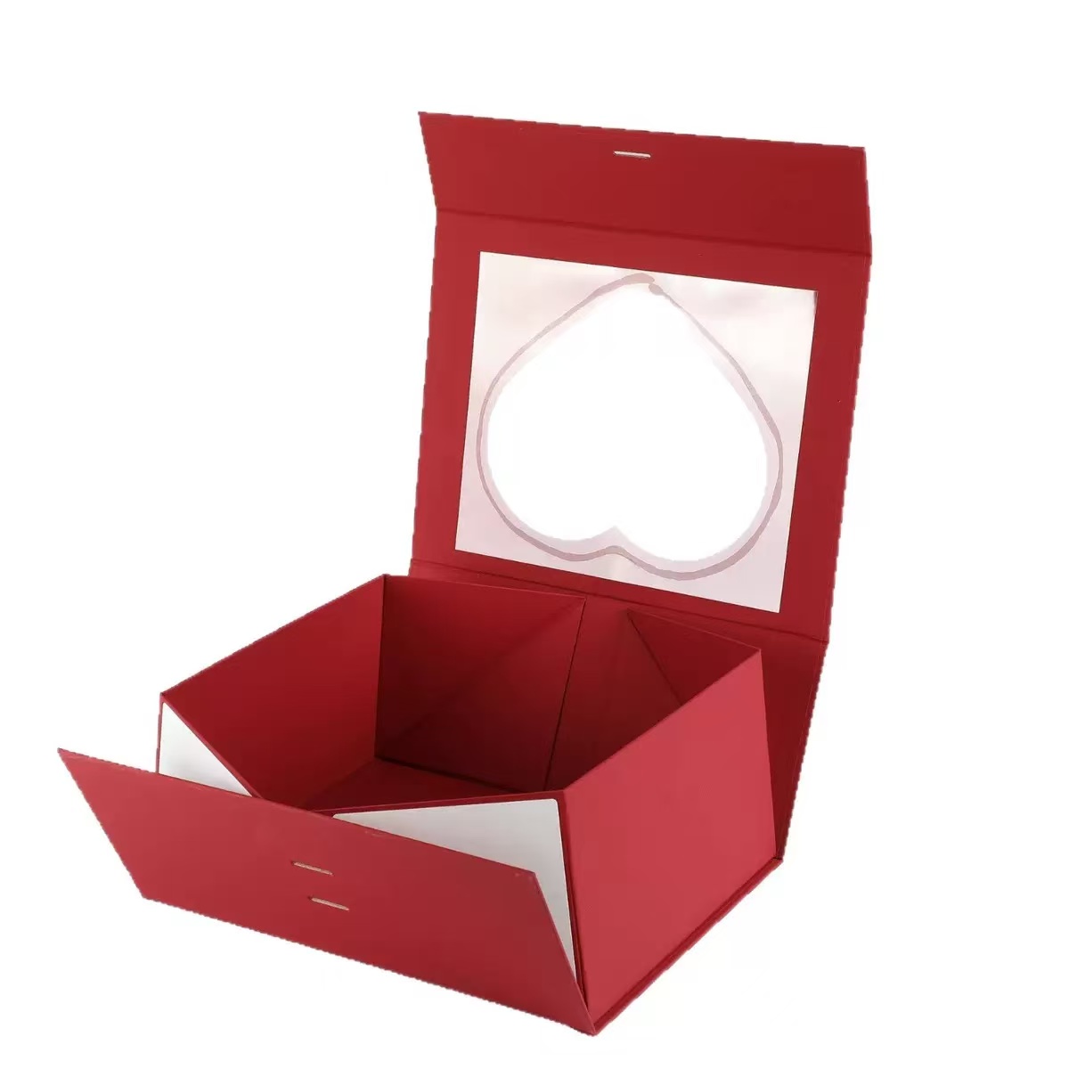Customizable Red Heart Window Paper Box with Lid (Open View)