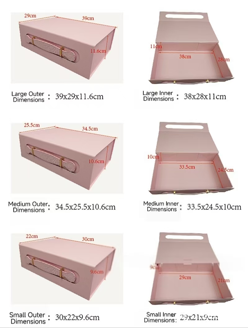 Pink PU leather gift box size chart – Large (39x29x11.6cm), Medium (34.5x25.5x10.6cm), Small (30x22x9.6cm) with inner/outer dimensions