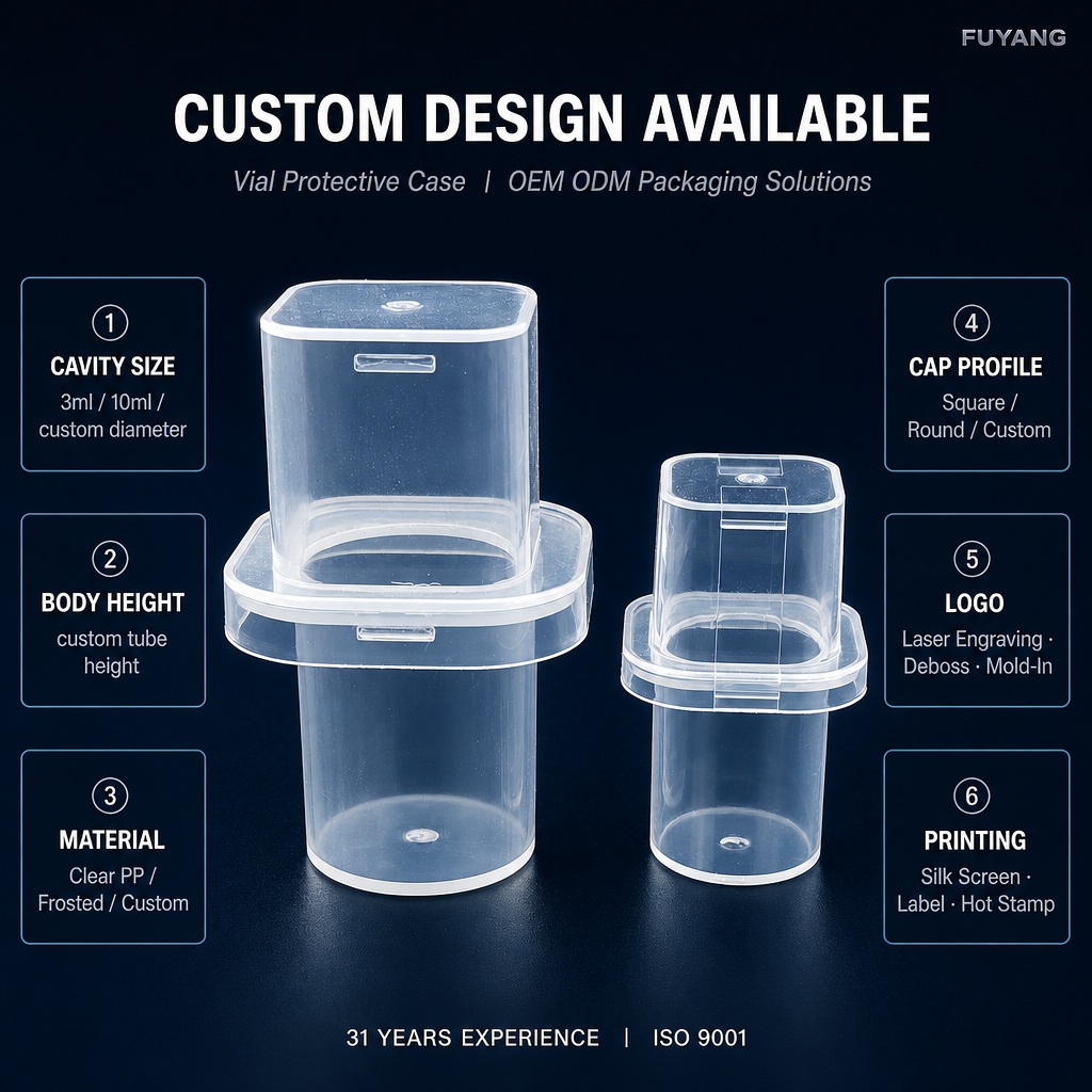 FY vial packaging box with press-fit cap, clear body, and wide flange.