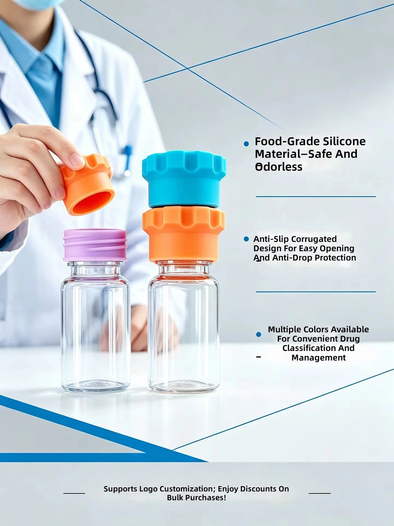 Lace-shaped silicone cap, available in various colors, customizable with logo, used for leak-proofing and dust-proofing peptide glass vial bottles