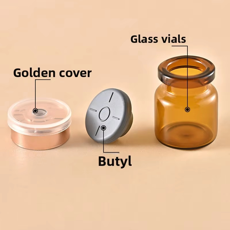 Electroplated vials in silver and gold, made of borosilicate glass, with airtight butyl rubber stoppers and aluminum caps, suitable for laboratory samples and cosmetics.