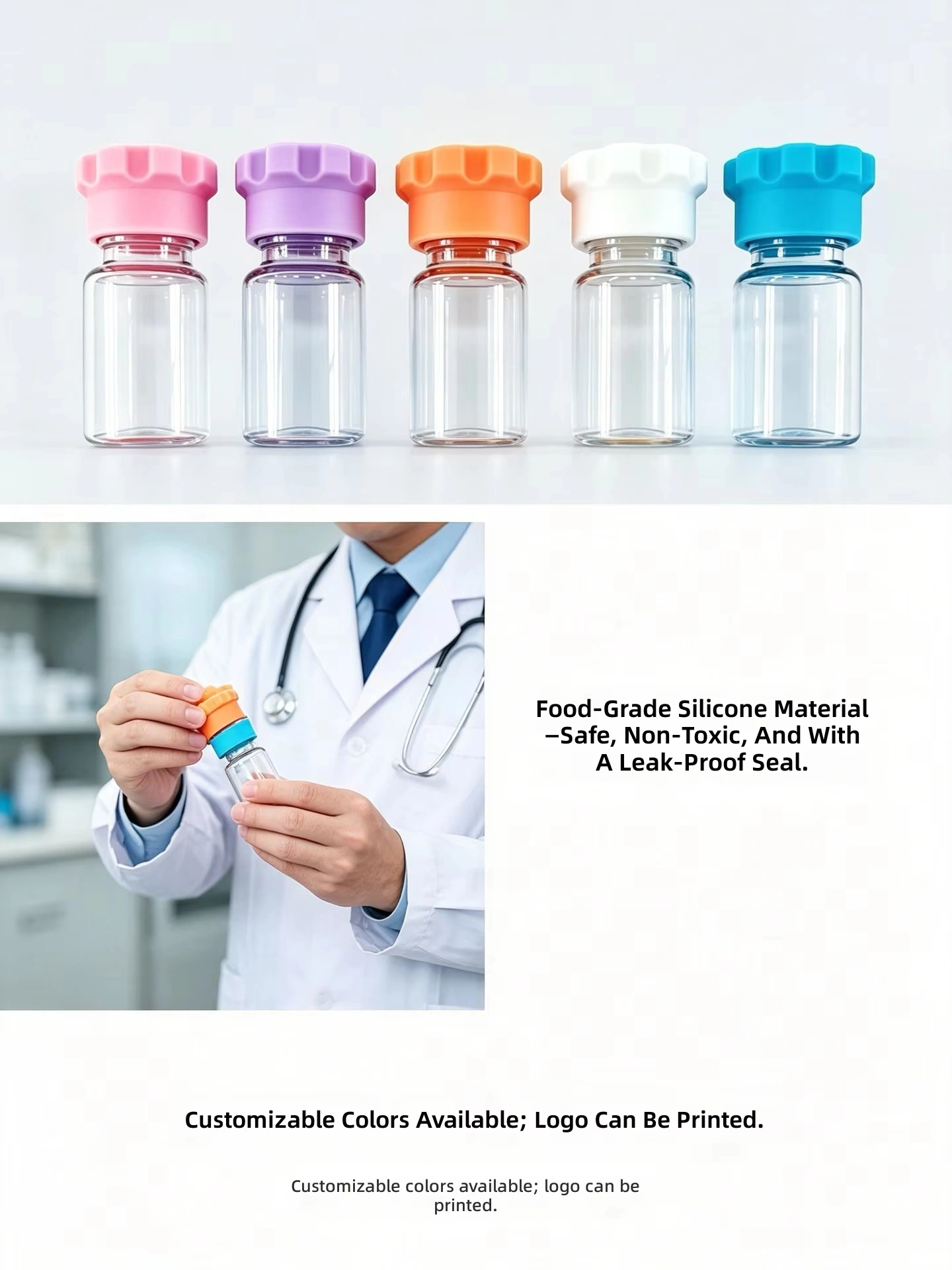 Lace-shaped silicone cap, available in various colors, customizable with logo, used for leak-proofing and dust-proofing peptide glass vial bottles