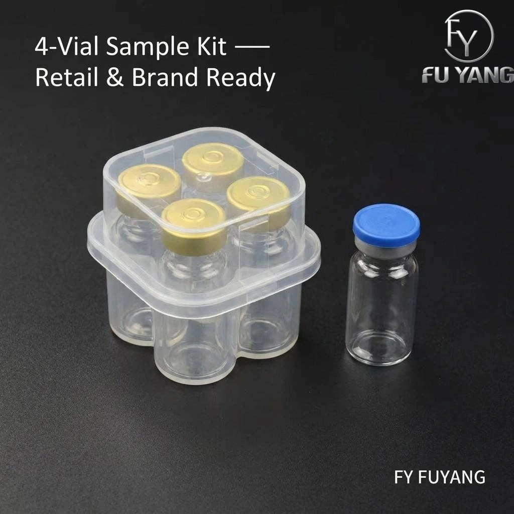 custom 3ml 4-vial complete packaging kit with transparent PP case glass vial butyl stopper and multi-color aluminum cap