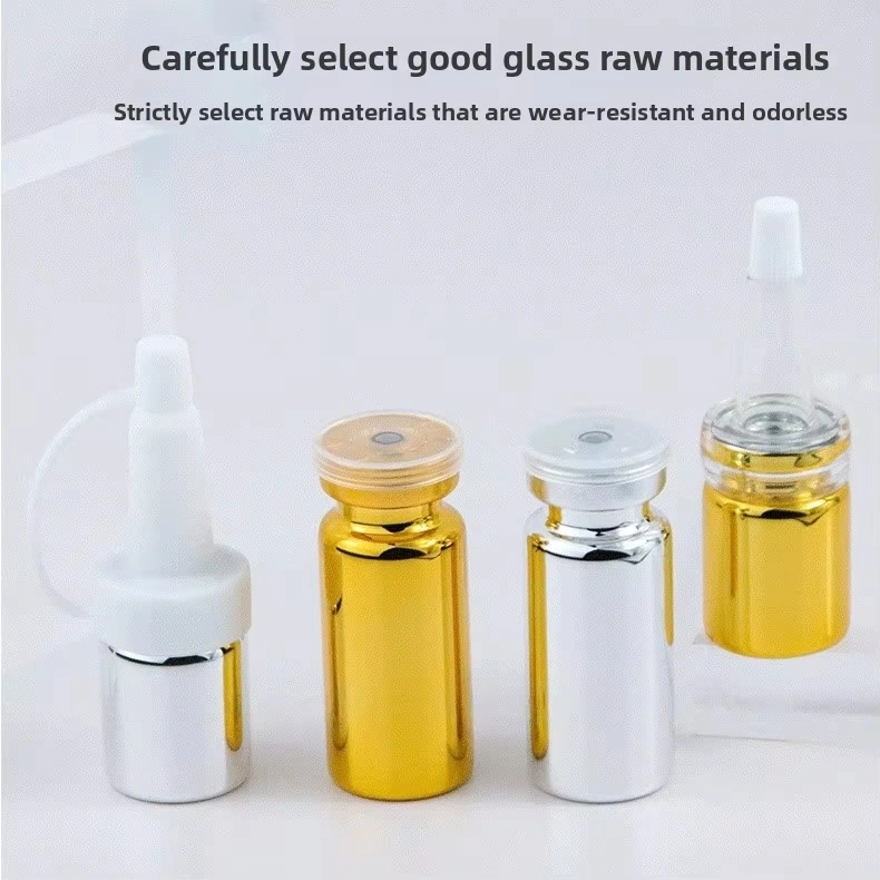 Electroplated vials in silver and gold, made of borosilicate glass, with airtight butyl rubber stoppers and aluminum caps, suitable for laboratory samples and cosmetics.