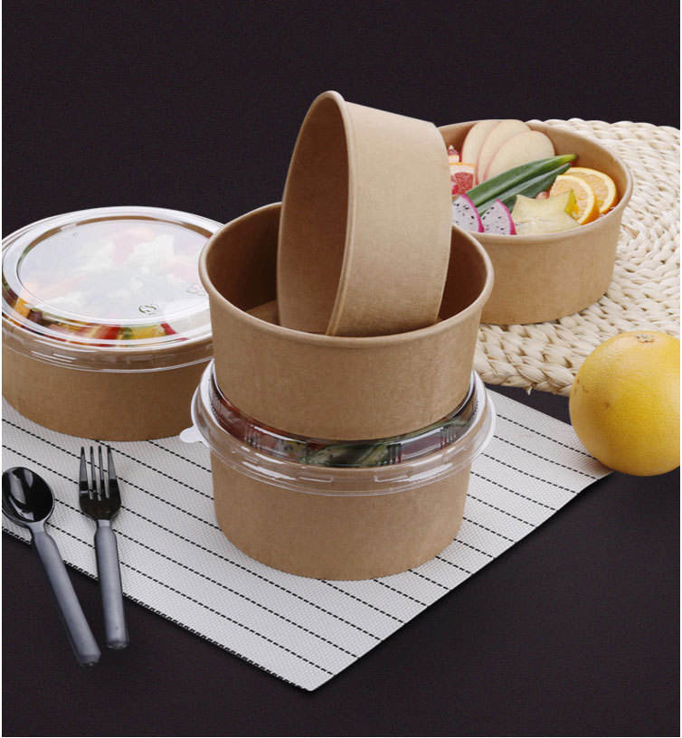 Stacked round kraft paper food containers with transparent lids