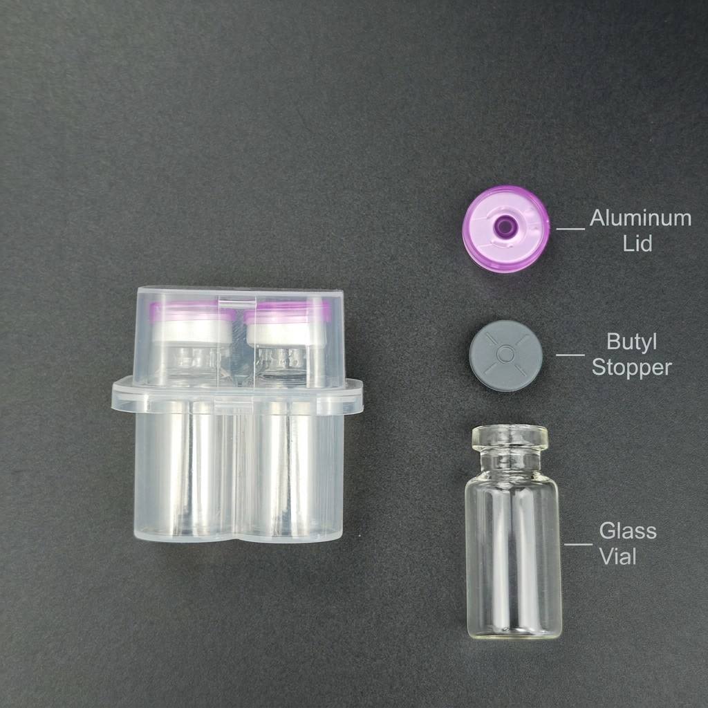 10ml 2-piece set of peptide vials with complete packaging, including PP transparent vial box, glass vials, butyl stoppers, and aluminum caps