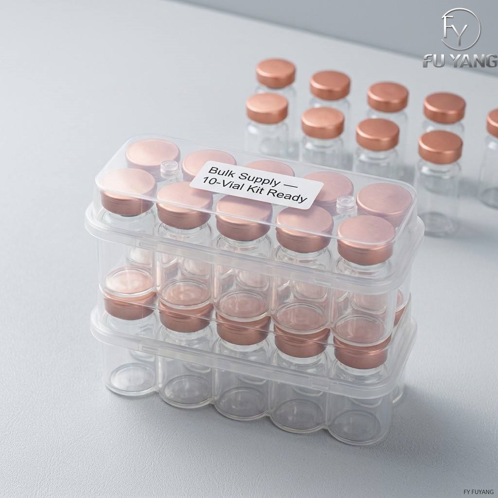 custom 7ml 10-vial complete packaging kit with transparent PP case glass vial butyl stopper and multi-color aluminum cap