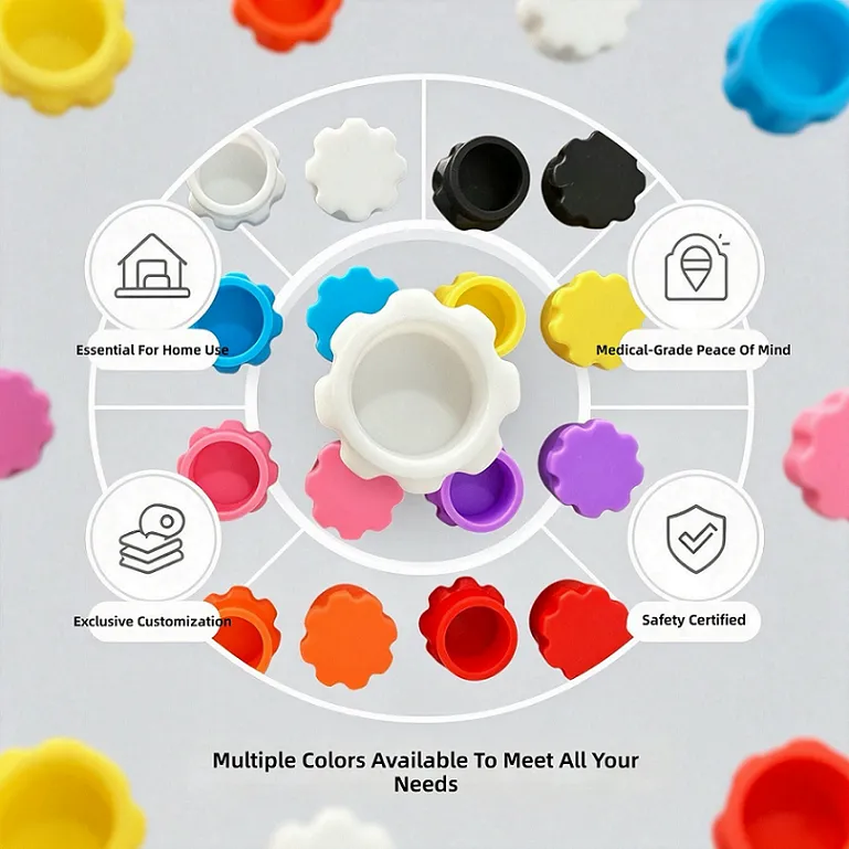 Lace-shaped silicone cap, available in various colors, customizable with logo, used for leak-proofing and dust-proofing peptide glass vial bottles