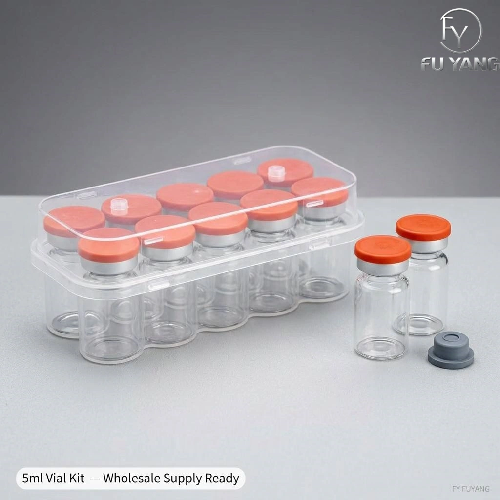 custom 5ml 10-vial complete packaging kit with transparent PP case glass vial butyl stopper and multi-color aluminum cap