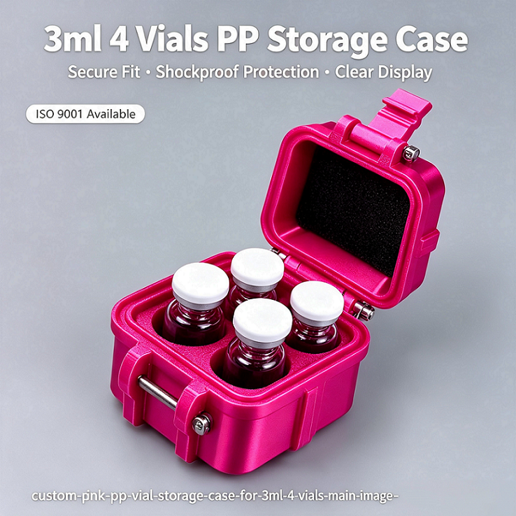 High-end anti-pressure and drop-resistant peptide vial box made of full PETG material, 4-piece set for 3ml, effectively stabilizes glass vials to prevent damage. Each vial has an independent slot. Box color, size, and brand logo printing can be customized.