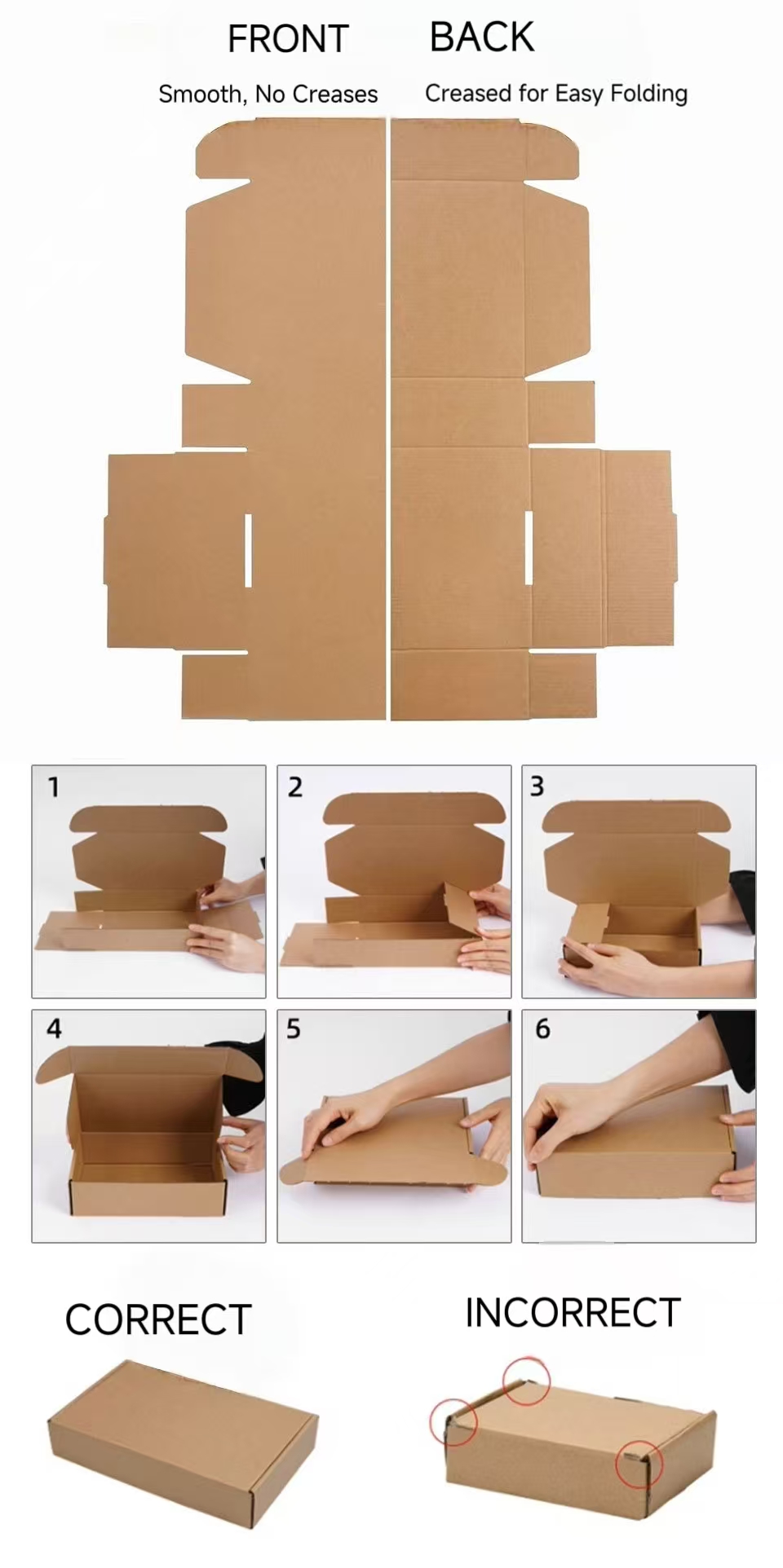 Kraft paper box flat die-cut template with front and back panels — smooth surface, pre-creased for easy folding and assembly