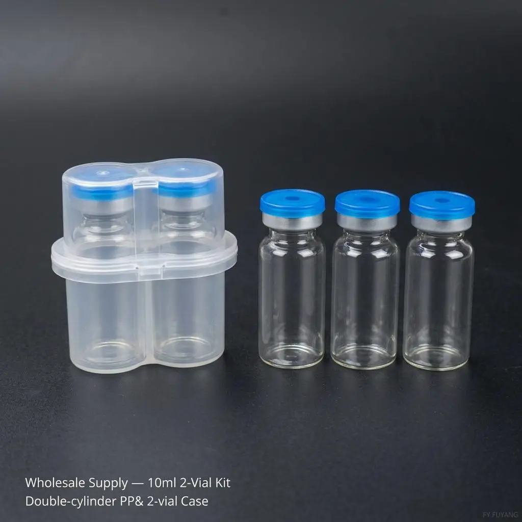 10ml 2-piece set of peptide vials with complete packaging, including PP transparent vial box, glass vials, butyl stoppers, and aluminum caps