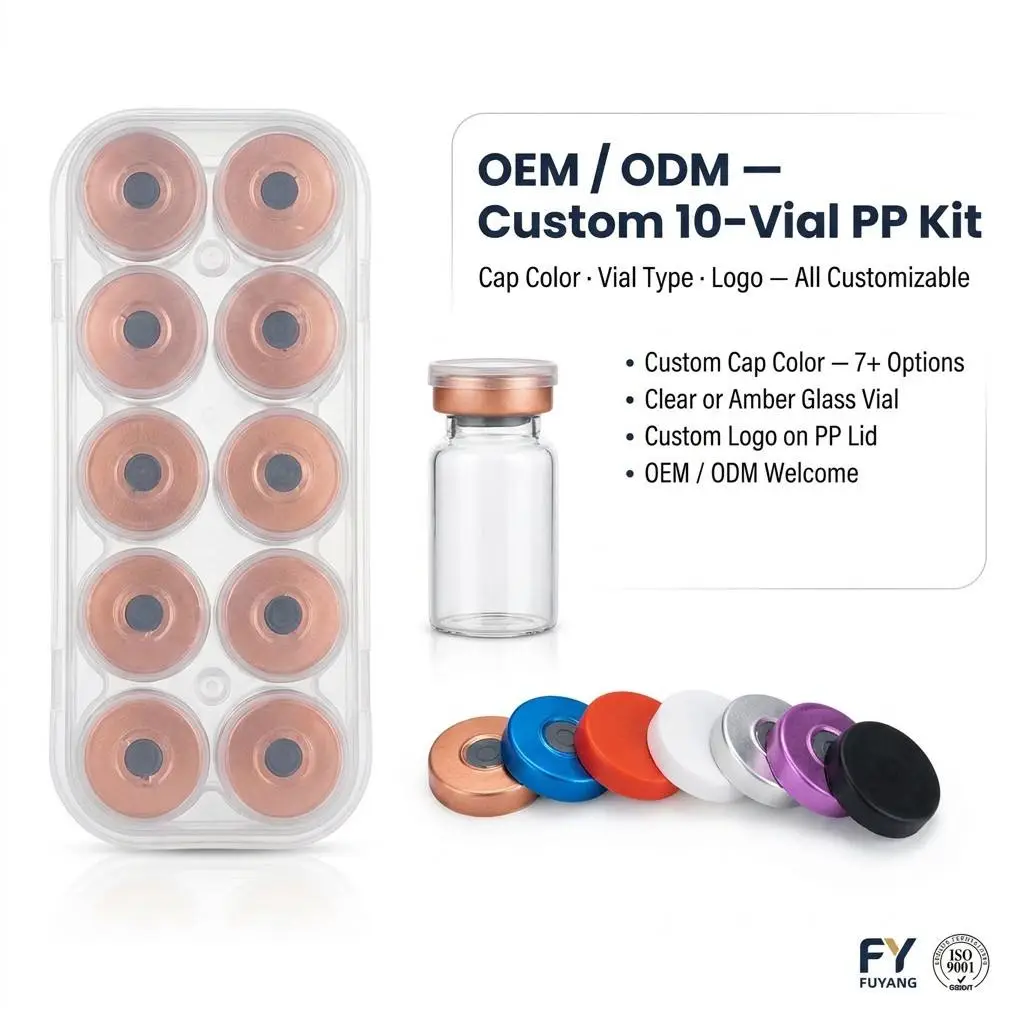 custom 7ml 10-vial complete packaging kit with transparent PP case glass vial butyl stopper and multi-color aluminum cap