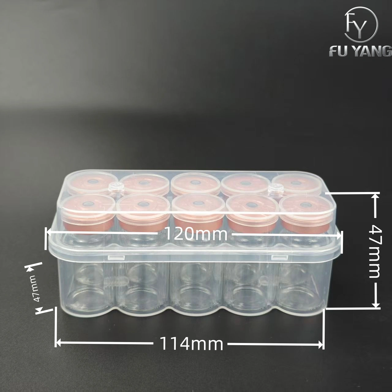 custom 7ml 10-vial complete packaging kit with transparent PP case glass vial butyl stopper and multi-color aluminum cap