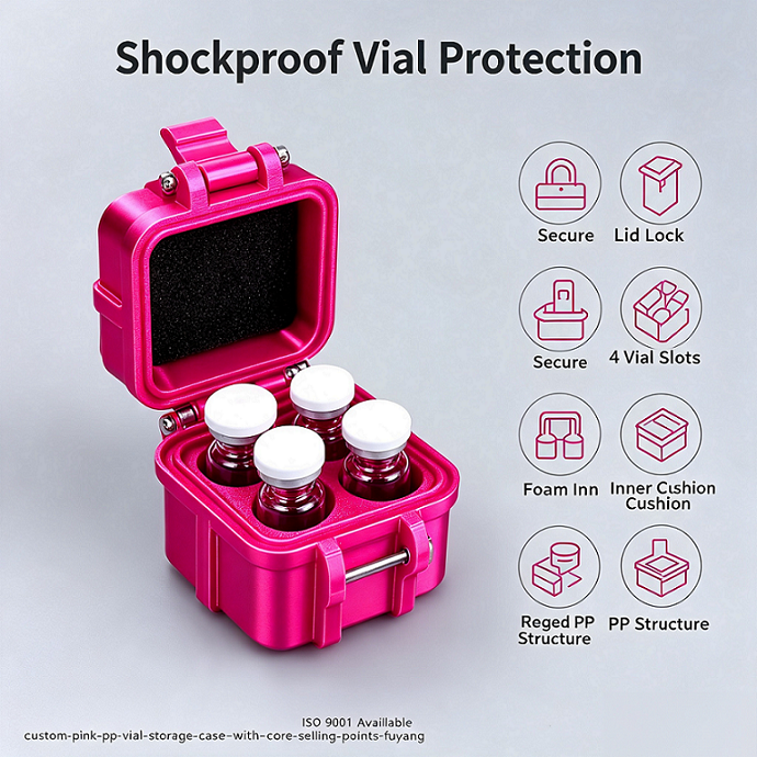 High-end anti-pressure and drop-resistant peptide vial box made of full PETG material, 4-piece set for 3ml, effectively stabilizes glass vials to prevent damage. Each vial has an independent slot. Box color, size, and brand logo printing can be customized.