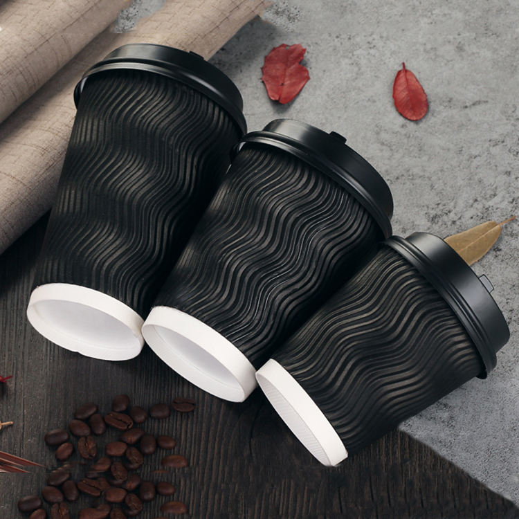 Custom Kraft Ripple Wall Coffee Cups with Black Lids and Straws – Disposable Insulated Paper Cups for Cafes & Brands, Eco-Friendly & Stylish for Hot Beverages