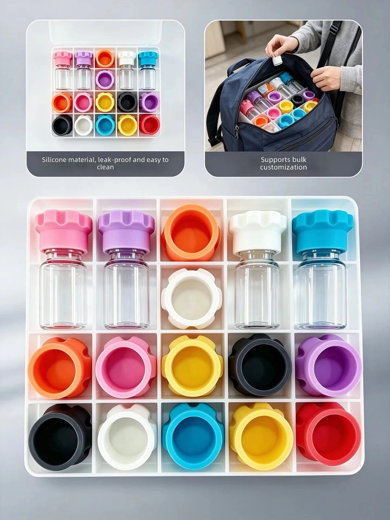 Lace-shaped silicone cap, available in various colors, customizable with logo, used for leak-proofing and dust-proofing peptide glass vial bottles