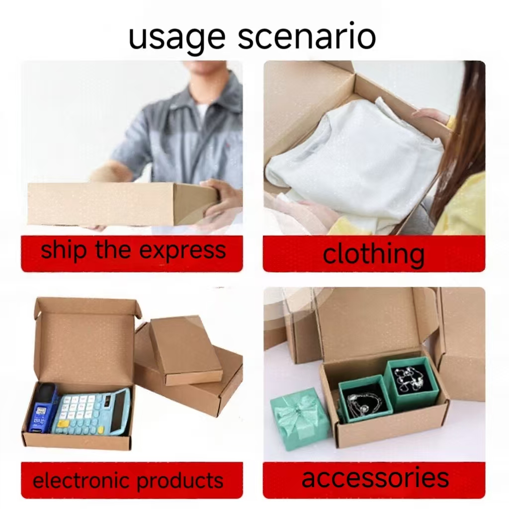 Usage scenarios of wholesale kraft paper boxes: shipping express packages, packing clothing, protecting electronic products, and displaying accessories — versatile, eco-friendly, and customizable kraft paper gift boxes and kraft paper boxes for retail and e-commerce.