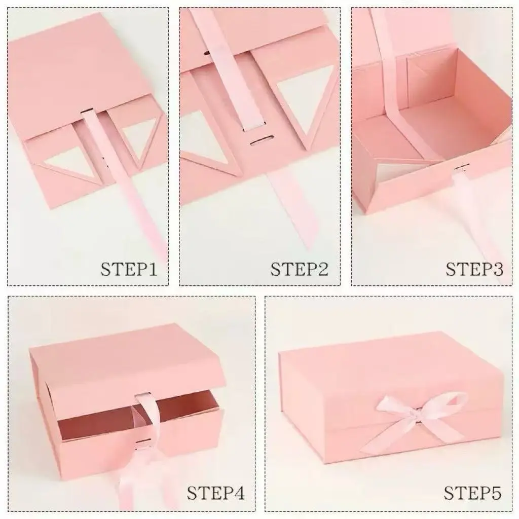 Pink Origami Paper Box with Lid – Step-by-Step Folding Assembly (STEP1-STEP5), Foldable Paper Storage Box for Home Use