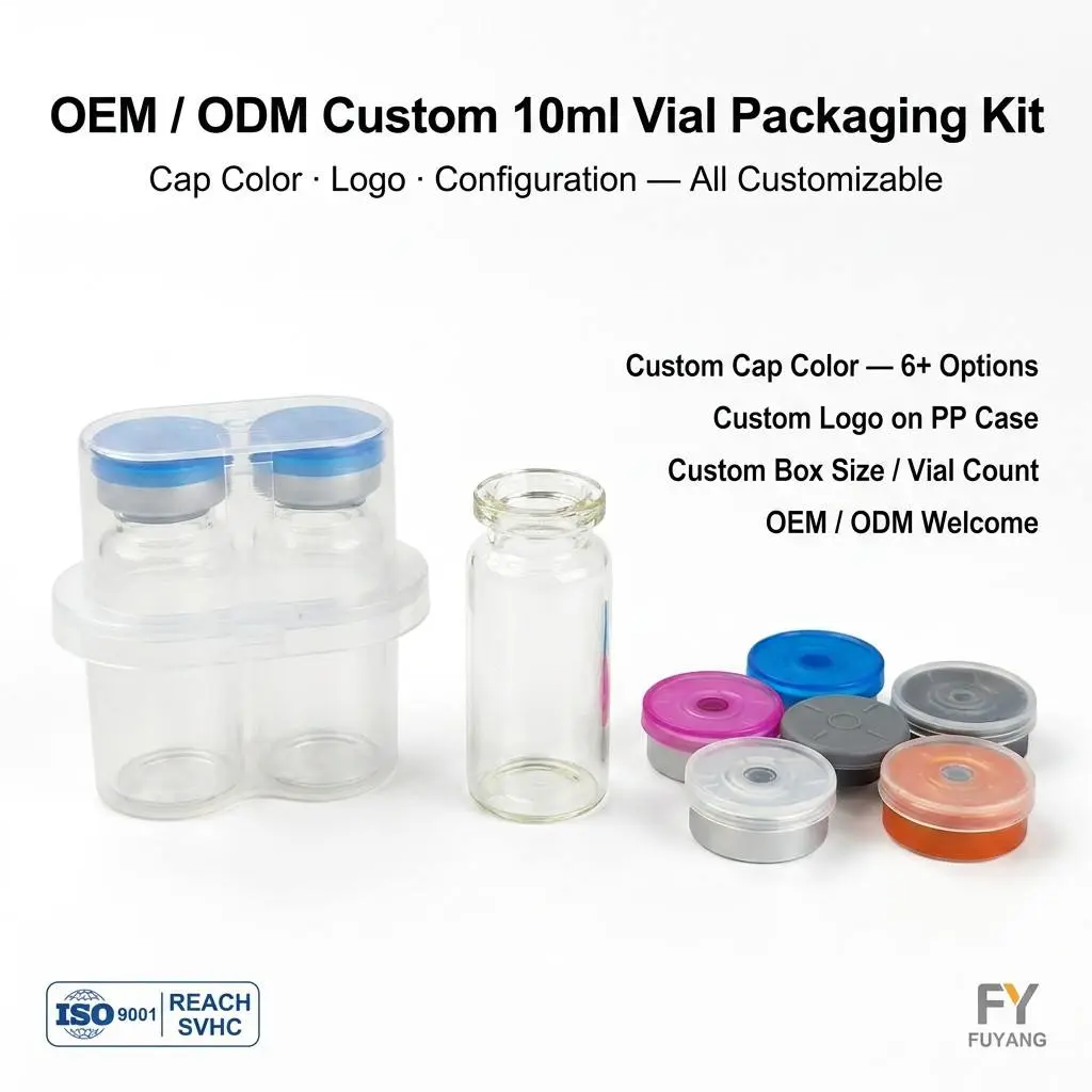 10ml 2-piece set of peptide vials with complete packaging, including PP transparent vial box, glass vials, butyl stoppers, and aluminum caps