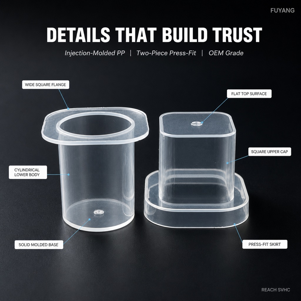 FY vial storage box packaging box with molded base and square upper cap.