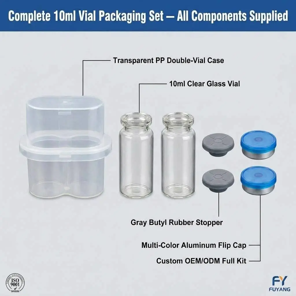 10ml 2-piece set of peptide vials with complete packaging, including PP transparent vial box, glass vials, butyl stoppers, and aluminum caps