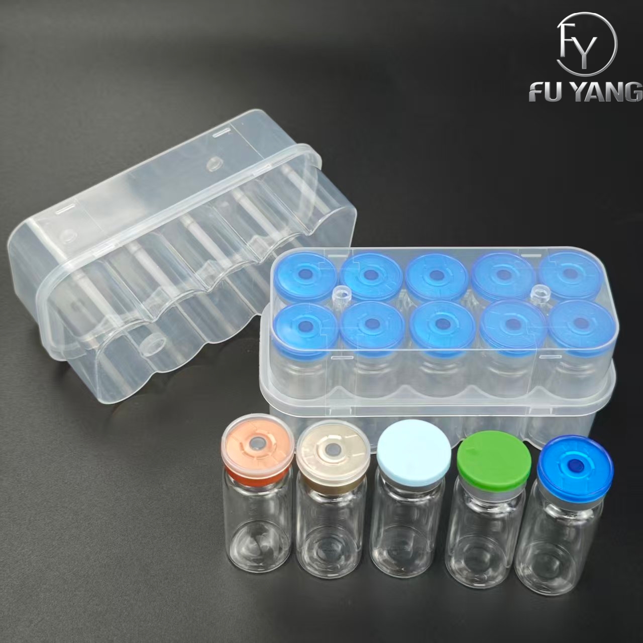 custom 10ml 10-vial complete packaging kit with transparent PP case glass vial butyl stopper and multi-color aluminum cap