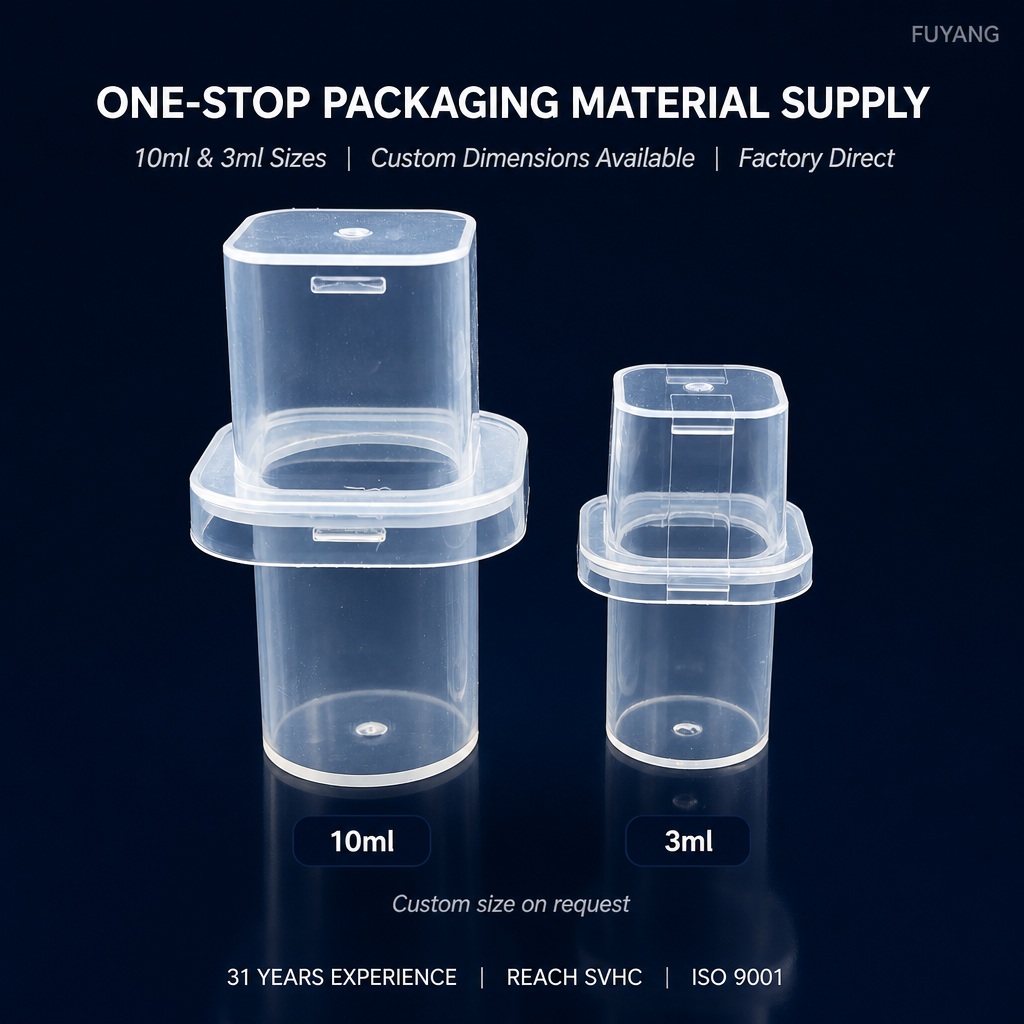FY vial packaging box with clear visibility, full enclosure, and secure press-fit closure.