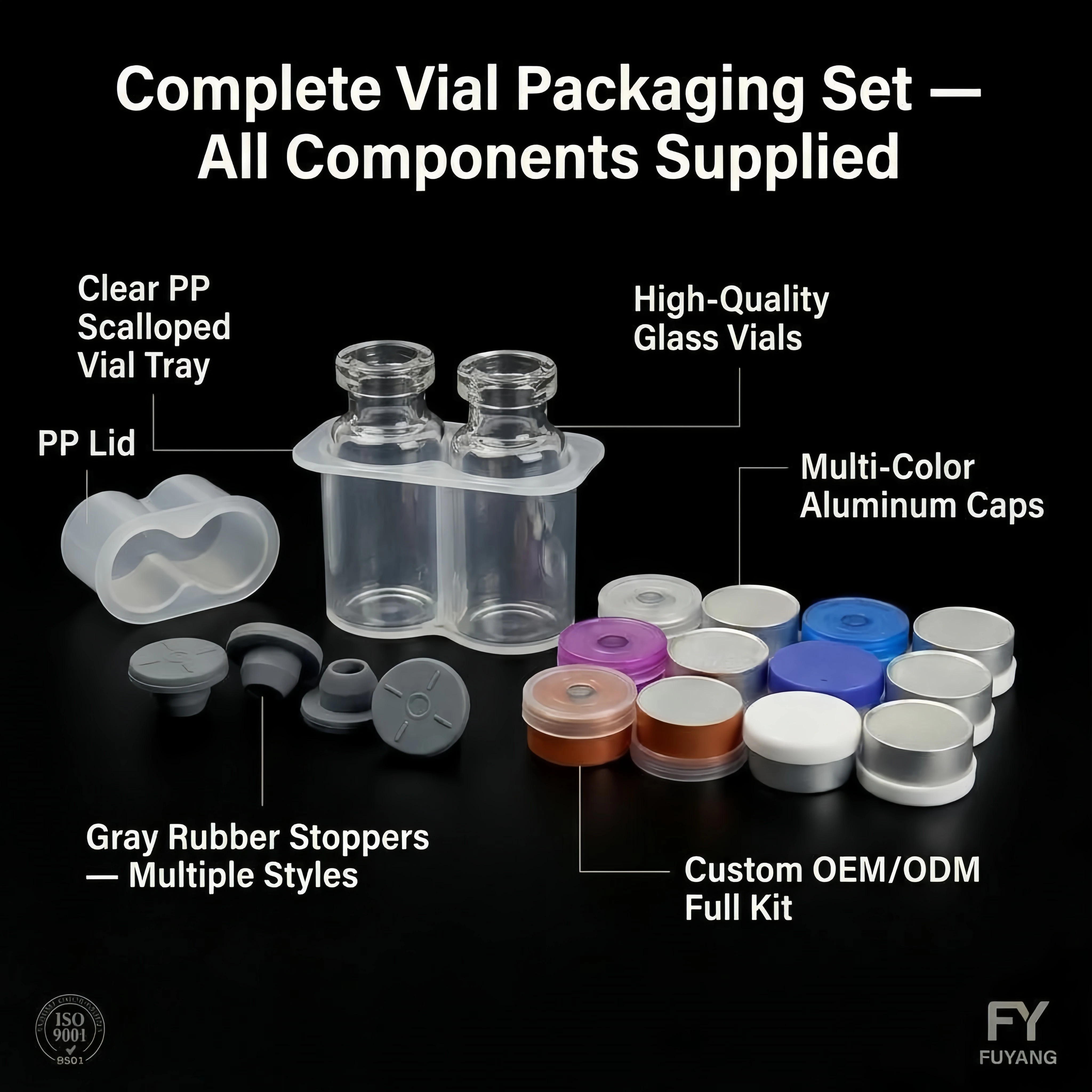 10ml 2-piece set of peptide vials with complete packaging, including PP transparent vial box, glass vials, butyl stoppers, and aluminum caps