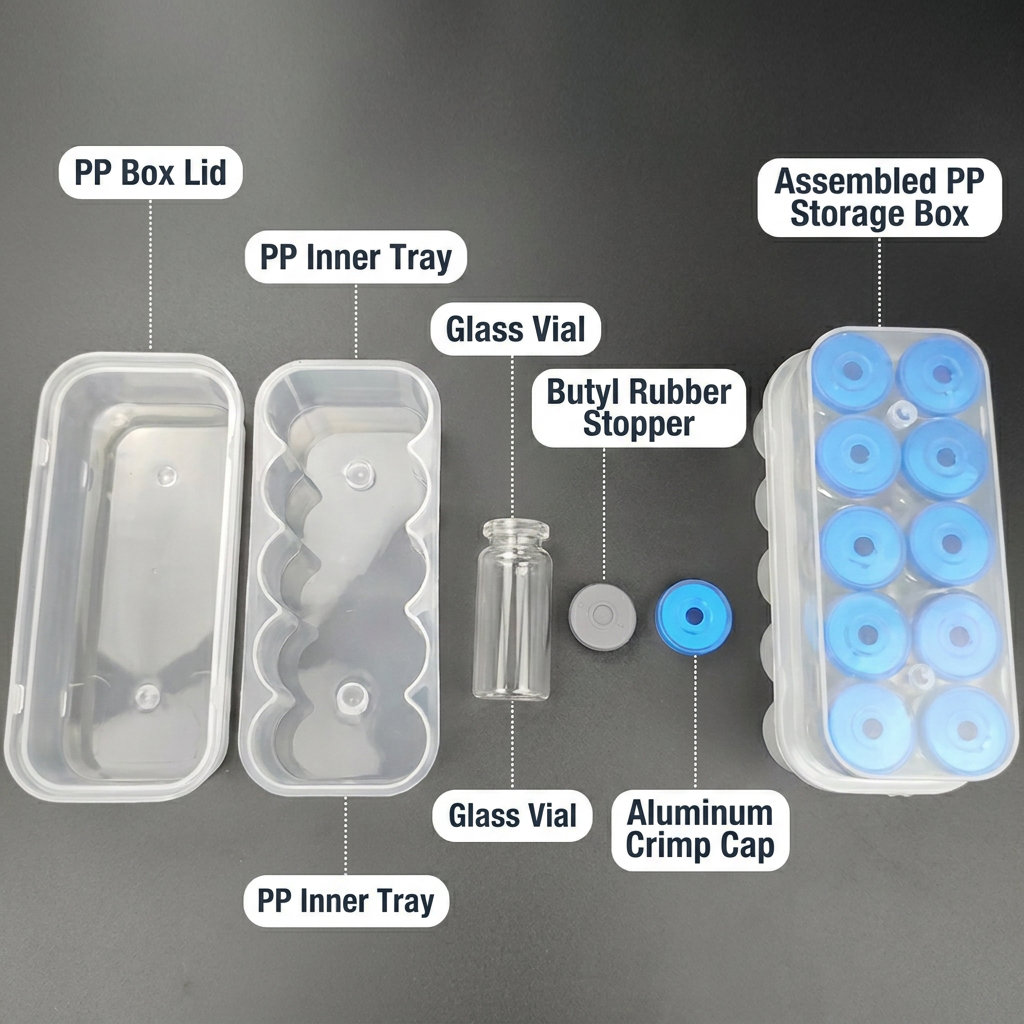custom 10ml 10-vial complete packaging kit with transparent PP case glass vial butyl stopper and multi-color aluminum cap