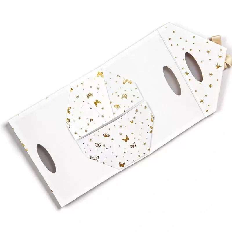 White paper gift box with gold butterfly, flower, star patterns, 3D golden bow, oval handle, foldable design, suitable for home use, custom paper box