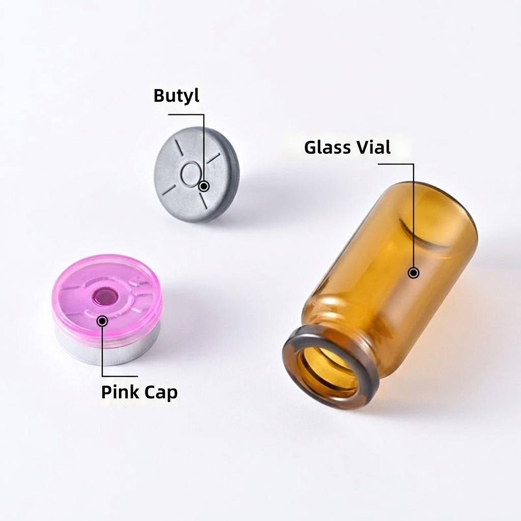 3ml 2-piece set of peptide packaging products, including vials with butyl stoppers, PP plastic vial boxes, and aluminum caps